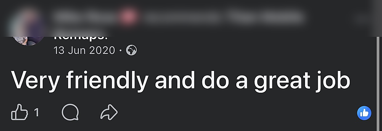 Facebook review screenshot (names blurred)